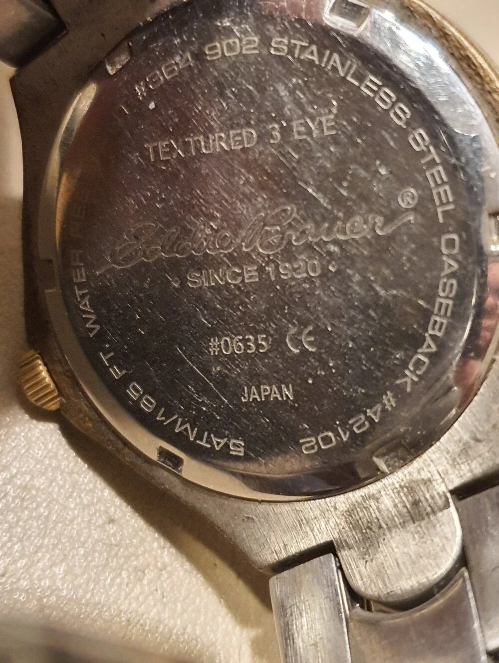 Vtg Eddie Bauer Textured 3 Eye Silver/Goldtone Stainless Steel Men's Watch